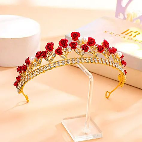 Designing a Red Roses Quinceanera Theme - My Perfect Quince Jewelry Princess, Crown For Women, Rose Crown, Quinceanera Themes, Bridal Headwear, Wedding Headdress, Rose Crystal, Red Crown, Tiara Wedding