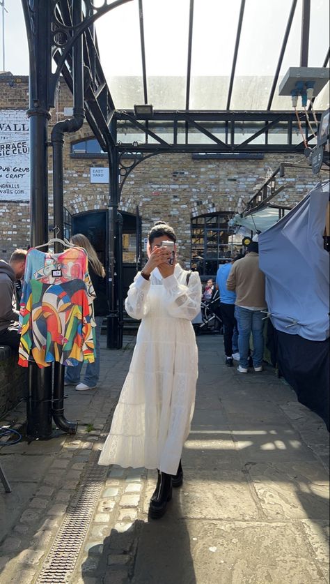 White dress, camden market, film camera, face hidden Market Outfit, Taken Film, Camden Market, Street Installation, Camden Markets, Instant Camera, Influencer, Snapchat, Marketing