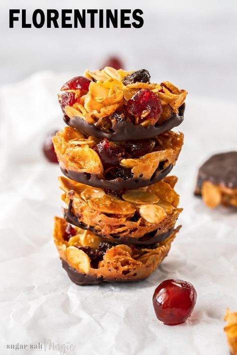 Crunchy and sweet, these Florentines Biscuits are a favourite classic cookie. These delightful almond cookies are filled with dried fruit and a simple caramel, and are baked until baked until golden and crisp. They're often made for edible gifts at Christmas. Salted Caramel Cookie Cups, Diy Gift For Kids, Florentine Cookies, Florentines Recipe, Chirstmas Gift, Homemade Candy, Craft Ideas For Kids, Caramel Cookies, Italian Cookies