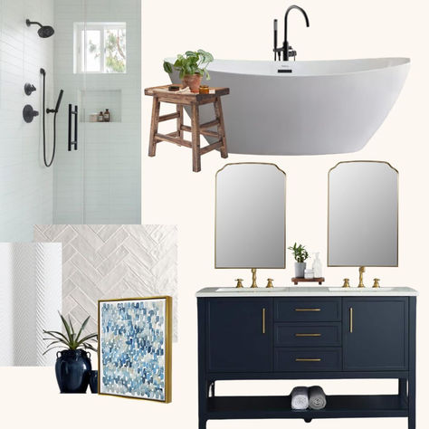 master bath, soaking tub, navy vanity, gold accents, white tile Master Bathrooms Remodel, Master Bath Soaking Tub, Navy Vanity, Master Bathrooms, Master Bath Remodel, White Tiles, Bathroom Remodel Master, Bath Remodel, Soaking Tub