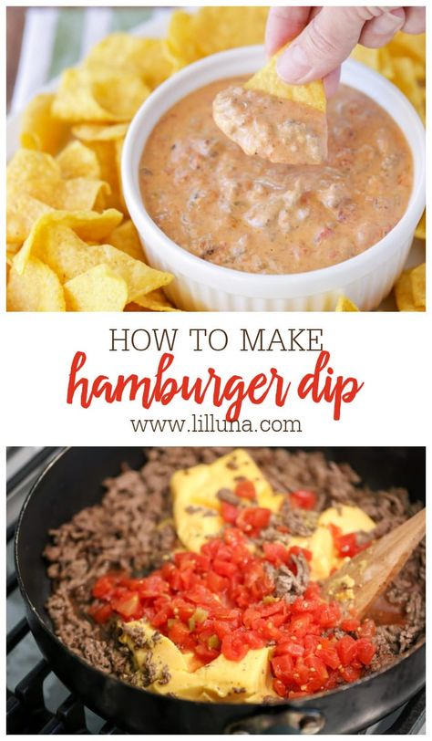 Queso Hamburger Dip, Hot Hamburger Dip, Hamburger Dip Crockpot, Hamburger Dip Recipes, Hamburger Appetizers, Cheesy Hamburger Dip, Hamburger Cheese Dips, Hamburger Dip, Football Dip