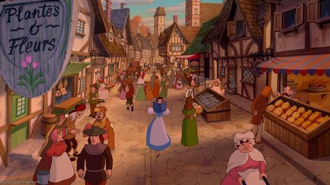 The village was a location in the film Beauty and the Beast. It acted as Belle's hometown, and was described to be a relatively quiet, peaceful secluded village with every day like the day before. It was a provincial farming community which had a flower shop, a bakery, a wig shop, a bookstore, and a tavern. Belle's Cottage was just a walk away. Because it was a farming community, livestock such as sheep and pigs are often seen in the area. It was located in a mountainous region with a... Beast's Castle, Perfect Video, Disney Wiki, Disney Images, Belle Beauty, Video Viral, Beaux Villages, Disney Beauty And The Beast, Disney Films