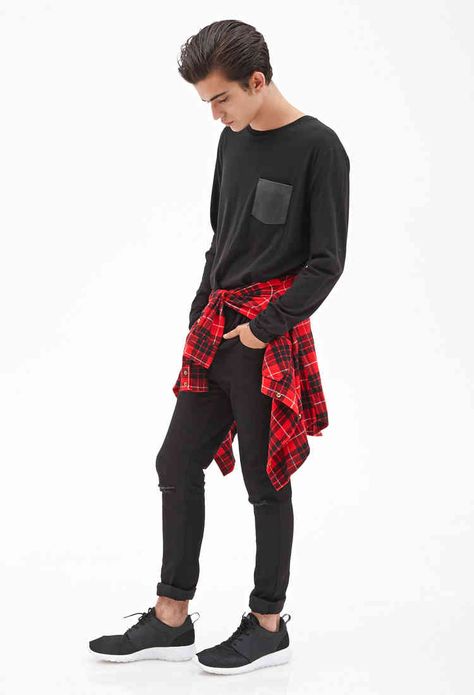 This whole look form Forever 21 MEN! Sweater, plaid shirt tied around the waist, ripped pants & sneakers! Shirt Tied Around Waist Outfit, Tie Around Waist Outfits, Flannel Around Waist, Mens Fall Street Style, Shirt Tied Around Waist, Waist Outfit, Checkered Clothes, Forever 21 Store, Shirts For Teens Boys