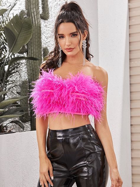 Fluffy Tube Top, Feather Strapless Top, Feather Pink Top, Pink Feather Tube Top, Black Feather Crop Top, Fashion Drawing Sketches, Bright Patterns, Black Trousers, Glam Dresses