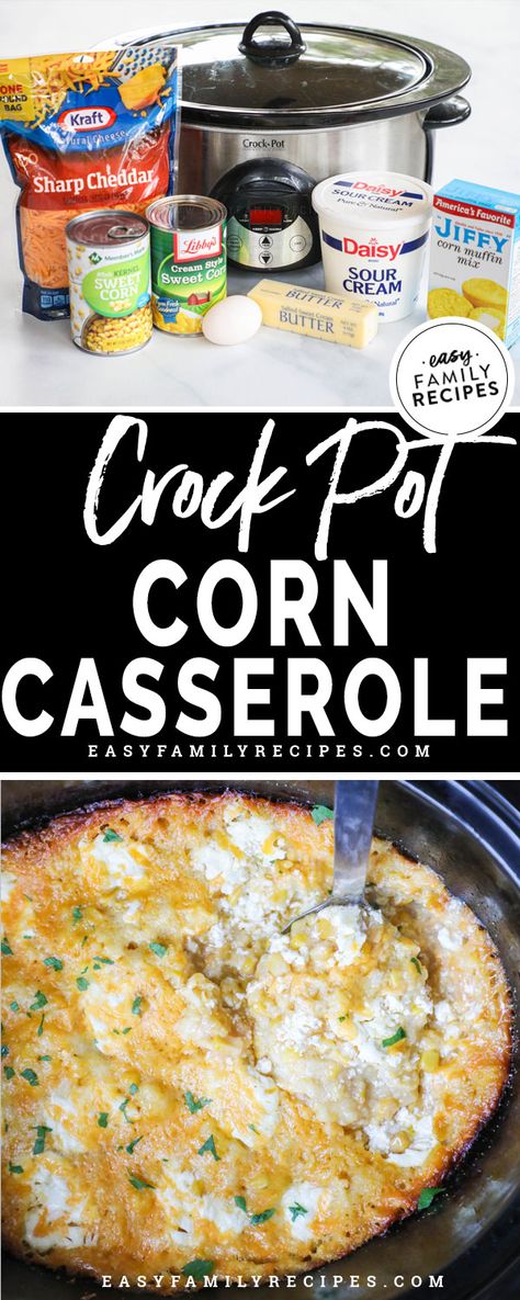 Corn Casserole Easy, Crock Pot Corn Casserole, Crockpot Corn Casserole, Slow Cooker Corn Casserole, Corn Casserole Crockpot, Crockpot Corn, Corn Thanksgiving, Crock Pot Corn, Crockpot Side Dishes