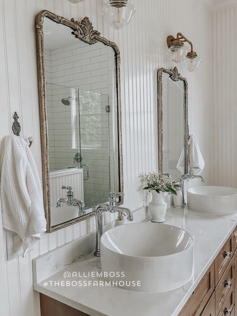 French Bathroom Mirror, Antique Farmhouse Bathroom, French Country Farmhouse Bathroom, French Farmhouse Bathroom, French Country Bathroom Vanity, French Vintage Bathroom, Modern Chateau, French Cottage Bathroom, Farmhouse Bathroom Lighting