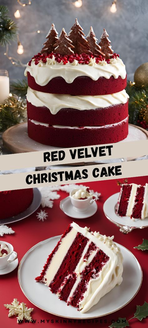 Celebrate the holidays with this stunning Red Velvet Christmas Cake! 🎄🍰 Topped with creamy cream cheese frosting and festive decorations, it's the perfect holiday dessert. #RedVelvetCake #ChristmasBaking #HolidayDesserts #myskinnyrecipes Red Velvet Cake For Christmas, Christmas Cake Red Velvet, Christmas Red Velvet Cake Decorations, Red Velvet Wreath Cake, Red Velvet Cake Christmas, Christmas Dessert Cake, Red Velvet Christmas Cake, Christmas Red Velvet Cake, Christmas Cakes Ideas