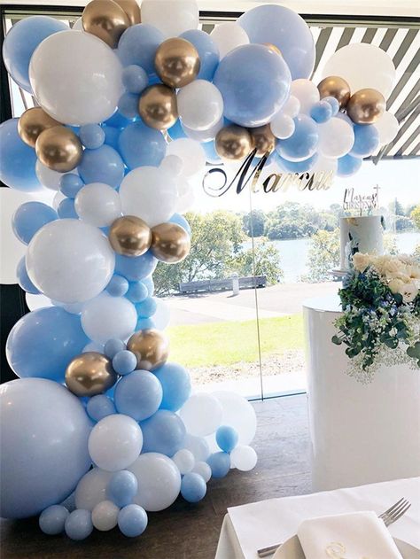 Balloon Arch Wedding, Baby Shower Balloon Arch, 1st Birthday Balloons, Baby Boy 1st Birthday, White Balloons, Gold Chrome, Blue Balloons, Baby Shower Balloons, 1st Boy Birthday