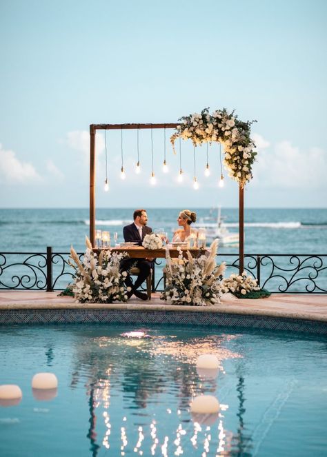 Ocean View Wedding, Wedding Sweetheart Table, Dreams Tulum, Destination Wedding Decor, Reception Backdrop, Dream Beach Wedding, Wedding Reception Backdrop, Sweetheart Table Wedding, Riviera Maya Weddings