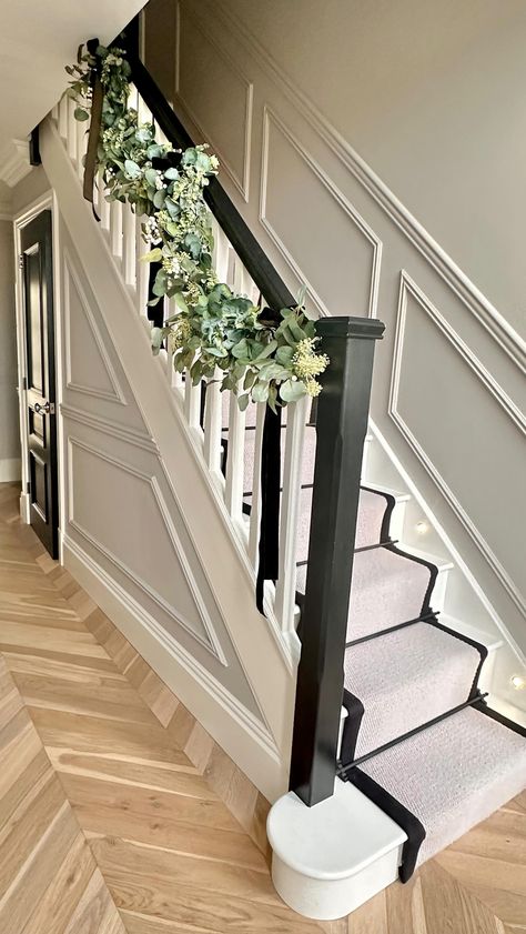 Instagram Hall Staircase Design, Panelling Stairs Stairways, Victorian Entrance Hall Ideas, Lounge Paneling, Stairs With Runners, Farmhouse Hallway Ideas, Garland Stairs, Hall Stairs And Landing Decor, Stair Runner Ideas