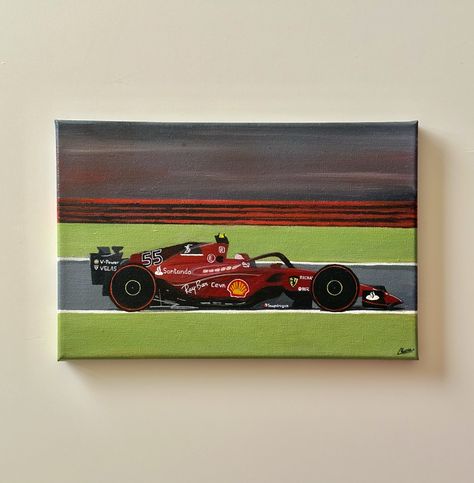 Acrylic painting of Carlos Sainz's Ferrari car Ferrari Car Painting, Ferrari Painting Art, How To Draw F1 Cars, Easy Acrylic Canvas Painting Ideas, Simple Car Painting, F1 Canvas Painting, How To Paint A Car, F1 Painting Ideas, Acrylic Painting Canvas Ideas Wall Decor