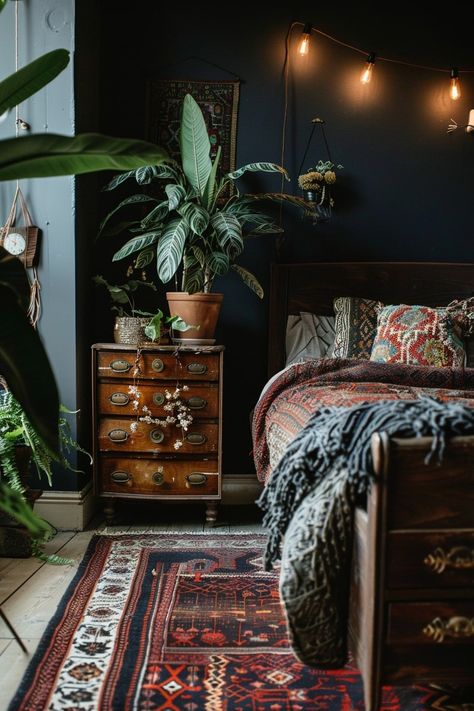 12 Dark Boho Bedrooms That Redefine Modern Comfort! - My Decor Inspo Moody Boho Decor, European Bedroom Aesthetic, Dark Boho Bedroom, European Bedroom, Moody Boho, Boho Bedrooms, Dark Boho, Patterned Rugs, Architecture Bathroom