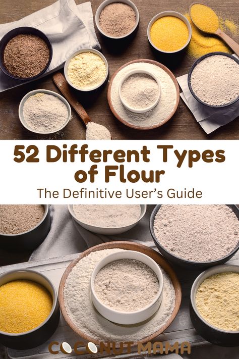 In this definitive guide, we classify flours by type and detail 52 separate flours, including their best uses and nutrition information. Flour Types And Uses, Flour Types, Different Types Of Flour, Diy Flour, Flaxseed Flour, Make Flour, How To Make Flour, Gf Flour, Baking Substitutes