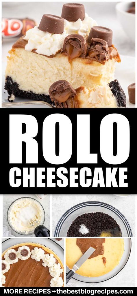 Rolo cheesecake is rich and smooth, with a creamy cheesecake filling topped with rich caramel, chocolate, and a delicate layer of whipped cream. Rolo Cheesecake, Chocolate Caramel Cheesecake, Rolo Chocolate, Rolo Candy, Stabilized Whipped Cream, Cheesecake Filling, Caramel Topping, Chocolate Sandwich, Chocolate Sandwich Cookies