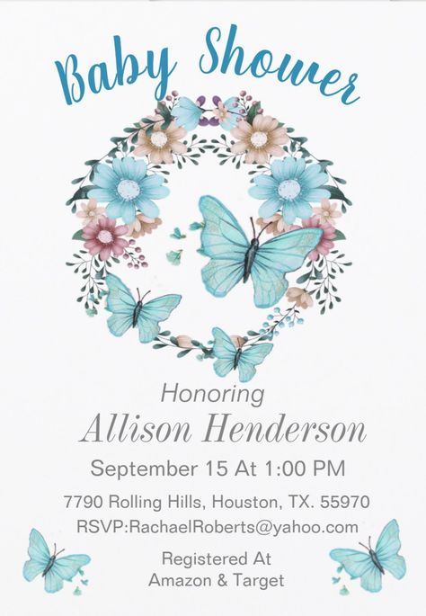 Elegant baby shower invitations featuring blue butterflies and a pretty floral wreath. Baby shower invites with butterfly theme. afflink Blue Baby Shower Invitations, Garden Baby Showers, Butterflies Wreath, Elegant Baby Shower, Blue Butterflies, Butterfly Theme, Elegant Baby, Blue Baby Shower, Baby Shower Invites