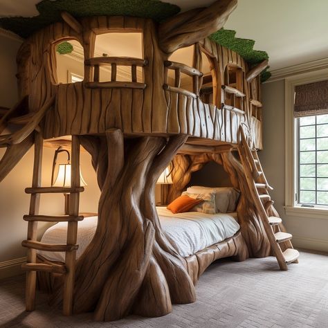 Tree House Shaped Bunk Beds Tree Trunk Bed Tree House Bunk Bed, Trunk Bed, Tree House Bed, Rooms Bed, Casa Hobbit, House Bunk Bed, Cool Room Designs, Interior Design Minimalist, Closet Aesthetic