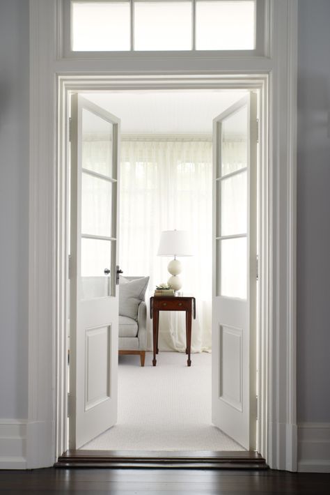 Colonial Revival Restored • Projects • 3north - pretty French interior doors with #transom #frenchdoors Narrow French Doors, French Door Interior, Door Design Ideas, Glass French Doors, Interior Design Elements, Wooden Door Design, French Doors Interior, French Interior, Wood Doors Interior