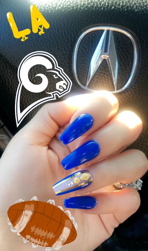 #ramsfan #bluenails #football #LA #LARams #footballnaildesigns Rams Nails Design, Rams Nails, Football Nail Designs, La Rams Football, Football Nails, La Rams, Nail Pictures, Nail Designs Spring, Bling Nails