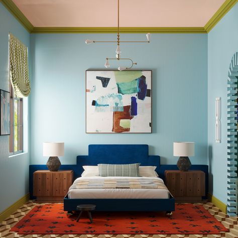 70s Guest Bedroom, Painted Bedroom Ceiling, Color Drenching Bedroom, Roman Room, Color Drenching, Living By Design, Blue Headboard, Closet Bathroom, Moorish Design