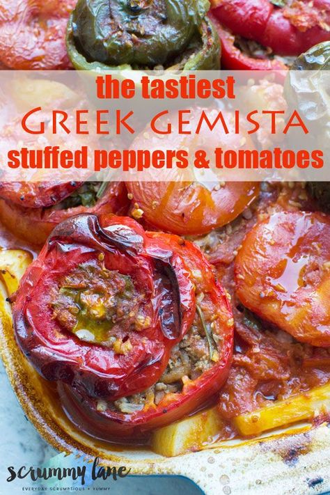 Vegan Greek Stuffed Peppers, Gemista Recipe With Meat, Middle Eastern Stuffed Peppers, Gemista Recipe Greek Stuffed Peppers, Gemista Recipe, Greek Stuffed Tomatoes, Greek Stuffed Peppers, Greek Dinners, Baked Rigatoni