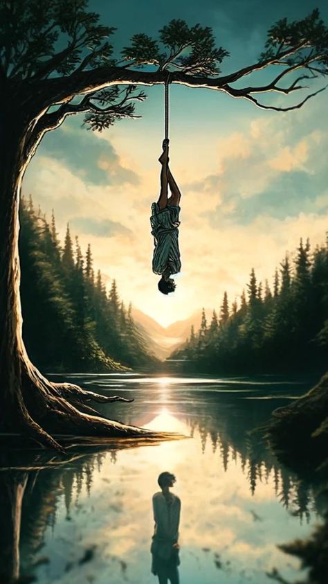 Embrace surrender and perspective with the 'Hanged Man' tarot card. Symbolizing sacrifice, letting go, and seeing things from a new angle, this card invites us to release control and find enlightenment in unconventional ways. Surrender to the flow and gain new insights. 🙏🌀 #Tarot #Surrender #Perspective #HangedMan The Hanged Man Wallpaper, Hang Man Tarot Card, Surrender Images, Hanging Man Tarot, The Hanged Man Tarot Meaning, Tarot Hanged Man, Tarot The Hanged Man, Tarot Card Artwork, Tarot Cards Art Illustration