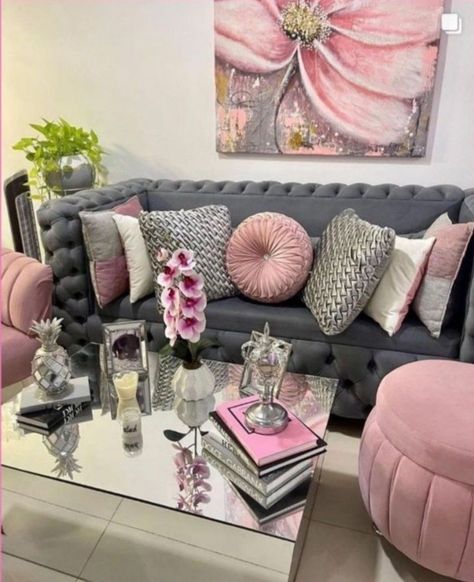 Boujee Aesthetic Room Decor Luxury, Modern Living Room Decor Grey, Pink And Grey Painting, Pink And Grey Living Room, Glass Living Room Table, Living Room Ideas Contemporary, Living Room Decor Grey Sofa, Room Ideas Contemporary, Living Room Decor Grey