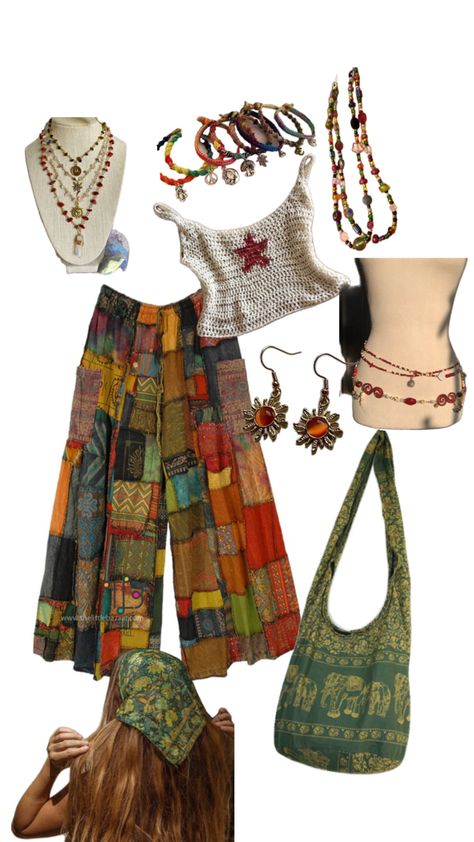 Hippy inspired outfit : red/amber, green, brown and white Earthbound Aesthetic Outfits, Red Earthy Outfit, Green Boho Outfit Aesthetic, Hippie Style Brown Summer Jewelry, Hippie Brown Necklace With Colorful Beads, Brown Hippie Hobo Bag, Green And Red Outfit, Swagy Fits, Earthy Clothes