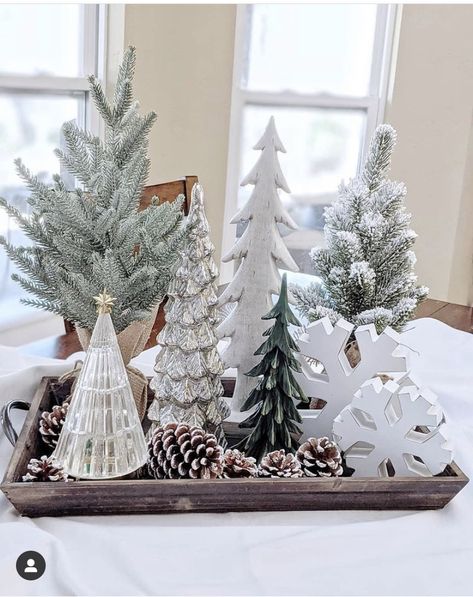 Tree Dough Bowl, Holiday Tray Decor Centerpieces, Winter Wonderland Home Decorations, Winter Tray Ideas, Neutral Color Christmas Decor, January Winter Decor, Winter Tray Decor, Christmas Tiered Tray Ideas, How To Decorate For Christmas