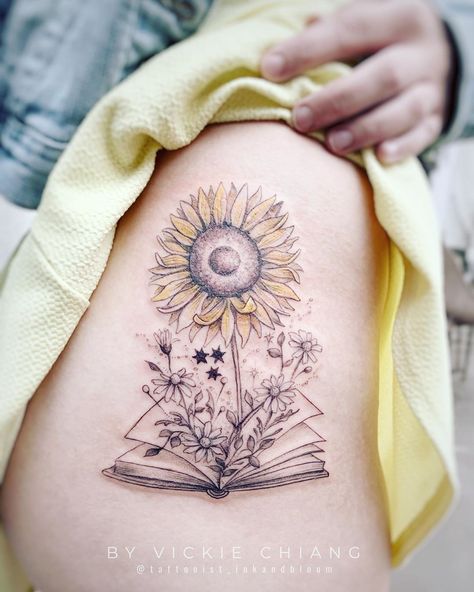 Sunflower And Books Tattoo, Sunflower Book Tattoo, Book And Sunflower Tattoo, Altar Tattoo, Intuitive Tattoo, Earth Altar, Earth Tattoo, Create A Tattoo, Vegan Tattoo