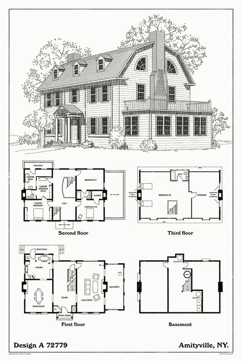 'Home Sweet Home' Design A 72779 Artwork by Pascal Witaszek. Historical House Plans, Amityville Horror House, Amityville House, Colonial Floor Plans, Dutch Colonial House, Amityville Horror, Victorian House Plans, Colonial House Plans, Miniature Stuff