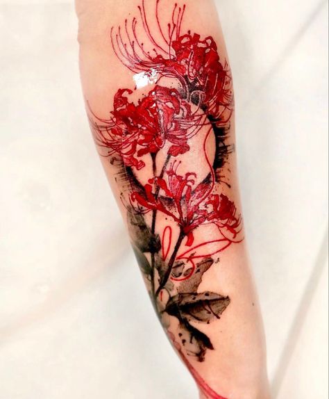 Chinese Blossom Tree Tattoo, Spider Lily And Moon Tattoo, Red Spider Lily Tattoo Sleeve, Spider Lily Sleeve Tattoo, Red Spider Lily Tattoo Leg, Spider Lily Tattoo Forearm, Spider Lily Tattoo Thigh, Red And Black Flower Tattoo, Dark Red Tattoo