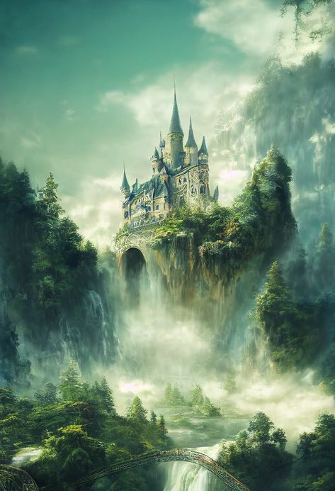 Waterfall Castle, Tablet Notes, Green Kingdom, Green Castle, Fantasy Locations, Wattpad Background, Castle Drawing, Castle Background, Forest Moon