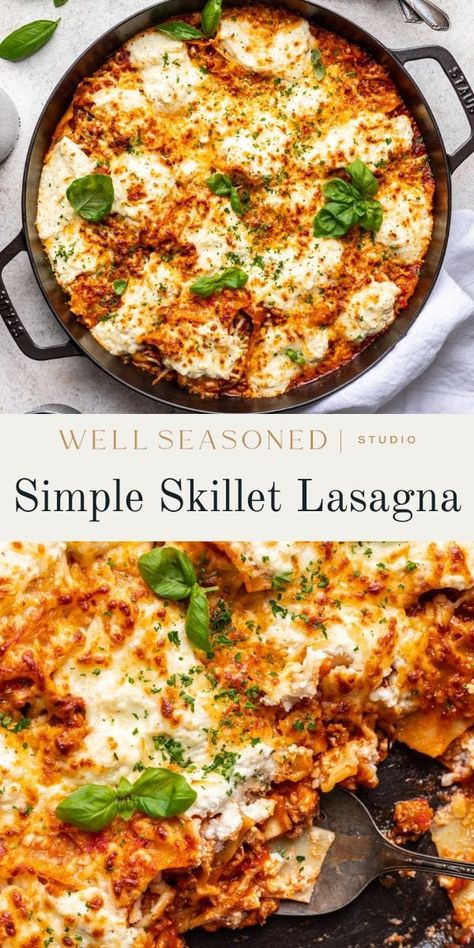 Pesto Skillet Lasagna Real Simple, Lasagna Without Lasagna Noodles, High Protein Skillet Lasagna, Mini Lasagna Recipe, Healthy Skillet Lasagna, Lasagna In A Skillet, One Pan Lasagna Recipes, Pan Lasagna Skillets, Cast Iron Skillet Lasagna