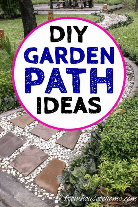 These beautiful garden path ideas provided so much inspiration for my backyard walkway. I made the DIY stepping stones but there's lots of other options for brick, wooden, mulch, grass, stone, and flagstone paths that will make your garden design look beautiful. #fromhousetohome #gardenpaths #pathsandwalkways #walkways #diyprojects #gardendesign Diy Garden Path, Diy Stepping Stones, Mosaic Walkway, Garden Path Ideas, Gravel Walkway, Garden Patios, Whimsical Diy, Stone Garden Paths, Flagstone Walkway