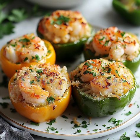 Crab and Shrimp Stuffed Peppers🦀🍤🌶️. Ingredients Serves 4: 4 medium bell peppers (red, yellow, green or orange) 150g crab meat (fresh or canned, drained) 200g cooked shrimp, peeled and chopped 100g cream cheese, softened 50g breadcrumbs (or panko for extra crunch) 1 garlic clove, minced 2 shallots, finely chopped 1 tbsp lemon juice 1 tbsp chopped fresh parsley (or chives) 1 tsp paprika Salt and pepper to taste 50g grated cheese (Parmesan or Gruyere, for topping) Preparation Prepare the pepper... Shrimp Stuffed Peppers, Beautiful Vegetables, Crab And Shrimp, Shrimp Stuffed, Cooked Shrimp, Garlic Clove, How To Cook Shrimp, Crab Meat, Grated Cheese