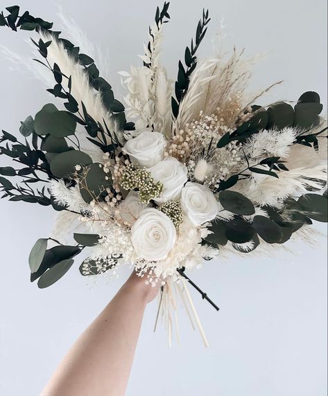 Green And White With Pampas Bouquet, White Wedding Bouquets With Greenery And Pampas, Pampas Grass Eucalyptus Wedding Bouquet, Pampas Grass And Eucalyptus Bouquet, Wedding Flower Table Decorations, Top Table Flowers, Eucalyptus Wedding Bouquet, Cascading Bridal Bouquets, Wedding Flower Design