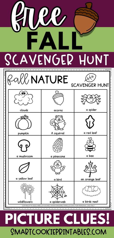 The image displays a free fall nature scavenger hunt printable, featuring 15 picture items with their titles (for example, a picture of a bird with the word "bird" underneath) for kids to find. Kindergarten Scavenger Hunt, Fall Nature Scavenger Hunt, Fall Scavenger Hunt For Kids, Nature Scavenger Hunt Printable, Nature Walk Scavenger Hunt, Neighborhood Scavenger Hunt, Thanksgiving Scavenger Hunt, School Scavenger Hunt, Fall Scavenger Hunt