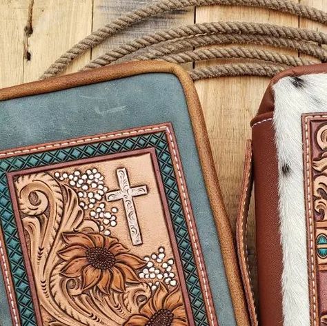 Erin Moyer on Instagram: "I'll be adding a couple of zippered Bible cases to the website a little later today. These both fit my 9x6x1.75 sized Bible nicely. Bible is not included... I've been wanting to offer the Bible with the case for a while, just haven't gotten around to that yet. But feel free to message me with any questions on sizing details!  #coloradobrandleather #handmade #biblecover #biblecase #tooledleather #customleather #readyourbible #letmetellyouboutmyjesus #western #cowgirlstyle #leatherbiblecover #leatherwork #madefromscratch #biblecarryingcase" Tooled Bible Cover, Leather Bible Cover, Bible Cases, Leather Bible, Leather Crafting, Bible Cover, Bible Covers, Leather Work, Cowgirl Style