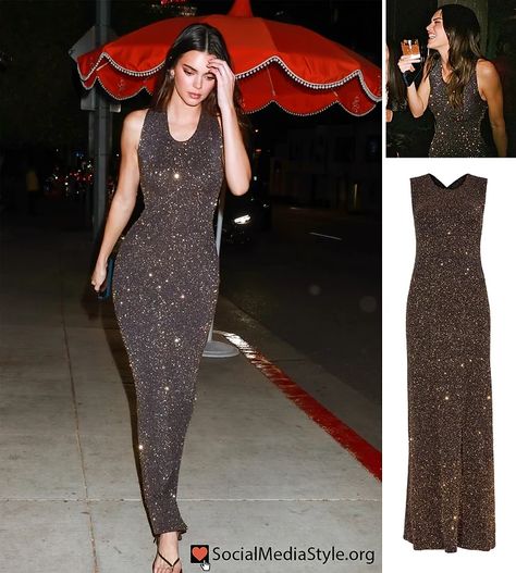 Kendall Jenner's brown sequin dress Brown Sequin Dress Outfit, Brown Sequin Dress, Sequin Dress Outfit, Brown Sequin Dresses, Kendall Jenner Outfits, Sequin Gown, Brown Dress, Proenza Schouler, Kendall Jenner