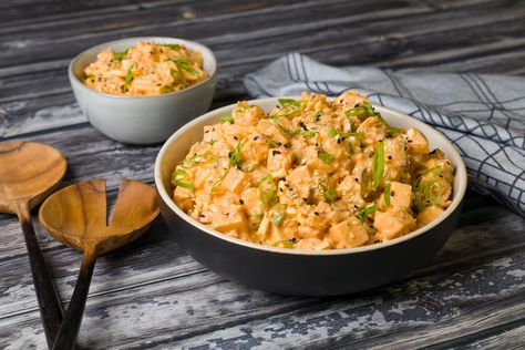 Spicy Kimchi Potato Salad is the perfect barbeque side dish. Blue Plate®️ Mayonnaise makes it creamy and delicious! Barbeque Side Dishes, Spicy Lunch, Spicy Kimchi, Bbq Shop, Korean Side Dishes, Potato Salad Recipe, Blue Plate, Toasted Sesame Seeds, Potatoe Salad Recipe