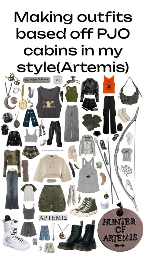 #hunterofartemis #artemis #outfitinpso #percyjackson Artemis Outfit, Hades Children, Artemis Aesthetic, Cabin Outfit, Road Trip Bag, Percy Jackson Cabins, Hunter Of Artemis, Percy Jackson Outfits, Doc Martens Style