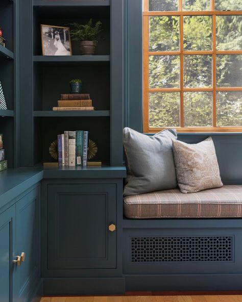 Yorktowne Green, Boy With Guitar, Home Library Rooms, Cozy Ideas, Schoolhouse Electric, Woodcut Print, Window Seats, Home Libraries, Built In Bookcase