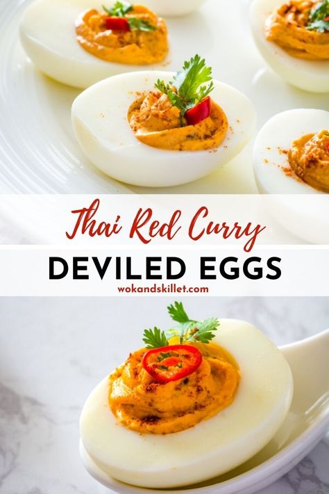 These Thai Red Curry Deviled Eggs deliver everything you love about deviled eggs, and elevated with the amazing and aromatic flavors of spicy Thai Red Curry! Asian Food Appetizers, Bacon Wrapped Water Chestnuts, Instant Pot Hard Boiled Eggs, Southern Comfort Food Recipes, Boiled Egg Recipes, Asian Appetizers, Recipes Eggs, Clean Eating Vegetarian, Party Bites