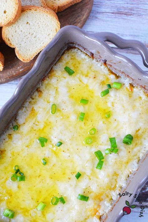 Easy Cheesy Baked Hot Onion Dip | Salty Side Dish Baked Onion Dip, Easy Pesto Sauce, Hot Onion Dip, Cucumber Dip Recipe, Vidalia Onion Dip, Salty Side Dish, Baked Onion, Pesto Sauce Recipe, Cucumber Dip