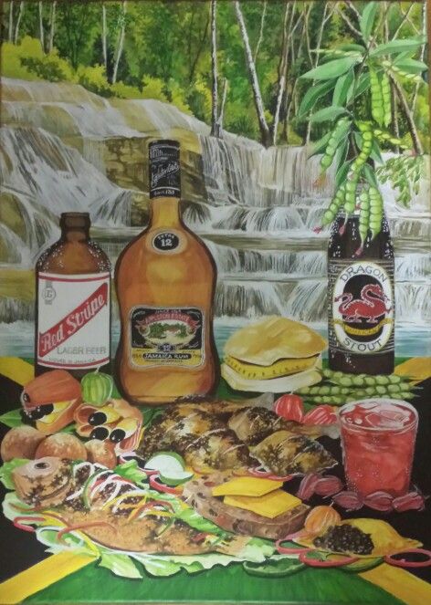 Jamaican food & drink Jamaica Culture Art, Jamaican Art Paintings Jamaica, Jamaican Illustration, Jamaican Artwork, Jamaica Painting, Jamaica Culture, Jamaican Art, Jamaica Food, Baby First Birthday Themes