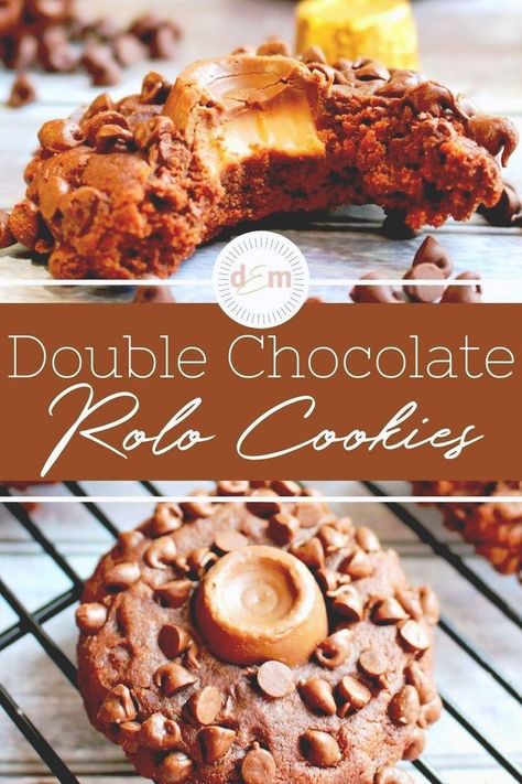 If you love Rolo’s caramel filled candies, then these Double Chocolate Rolo Cookies will be your favorite! This Rolo cookies recipe is made with a double chocolate cookie dough, for a chewy, chocolatey, caramel filled bite! || Delightful E Made Chocolate Rolo Cookies, Rolo Cookies Recipe, Chocolate Breakfast Recipes, Healthy Chocolate Treats, Rolo Cookies, Oreo Cookie Recipes, Chocolate Dipped Cookies, Chocolate Cookie Dough, Double Chocolate Chip Cookies