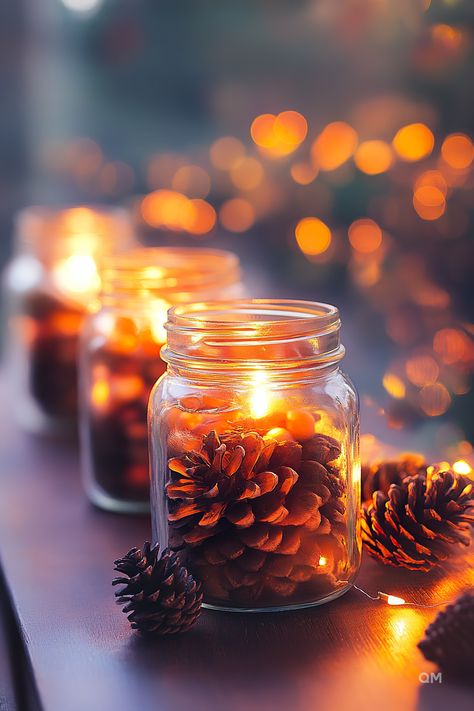 Cozy Fall decor with candles and pinecones in mason jars. Perfect for cheap Fall decorations or a warm Fall living room decor idea. Cheap Fall Decorations, Leaf Garland Diy, Nature Inspired Centerpieces, Unique Fall Wreath, Cheap Fall Decor, Personalized Place Cards, Garland Diy, Cheap Fall, Cozy Candles