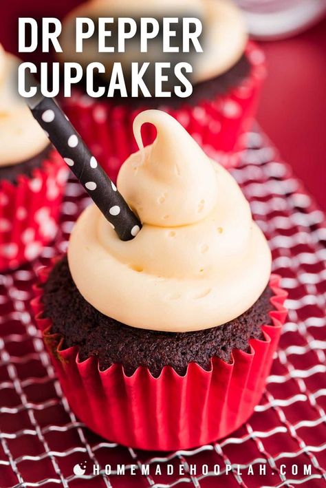 Dr Pepper Cupcakes! Have a Dr Pepper fan in your life? Then they're going to love these! Rich and moist chocolate buttermilk cupcakes with a hint of their favorite fizzy soda. | HomemadeHooplah.com Dr Pepper Cupcakes, Soda Cupcakes, Buttermilk Cupcakes, Sweet Jars, Peppers Recipes, Dr Pepper, Bake Sale, Chocolate Cupcakes, Cupcake Recipes