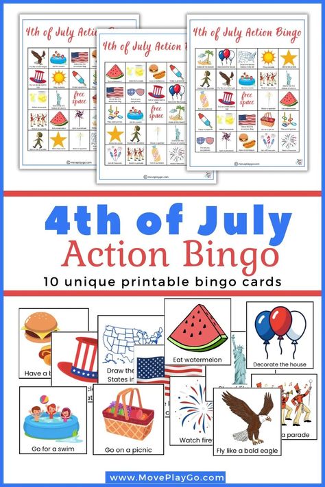 4th of July Action Bingo Pin 1 4th Of July Speech Therapy Activities, 4th Of July Group Activities, July Activities, 4th Of July Games, Physical Activities For Kids, Speech Activities, Kids Running, Let The Fun Begin, Preschool Games