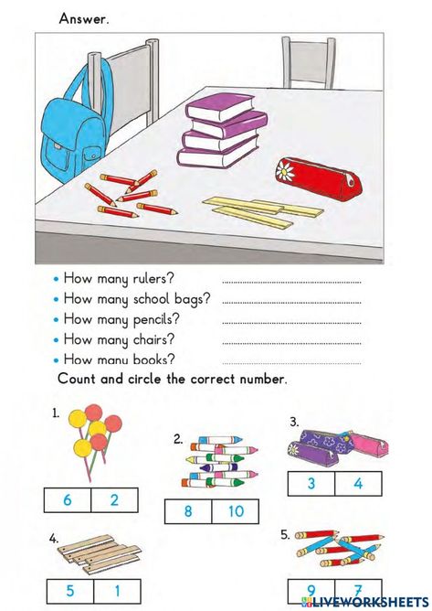 How Many Are There Worksheet, Worksheet For Grade 2 English, How Many Worksheet, Materials Worksheet, Worksheet Grade 2, Basic English For Kids, Numbers Flashcards, Worksheets For Grade 1, Classroom Objects